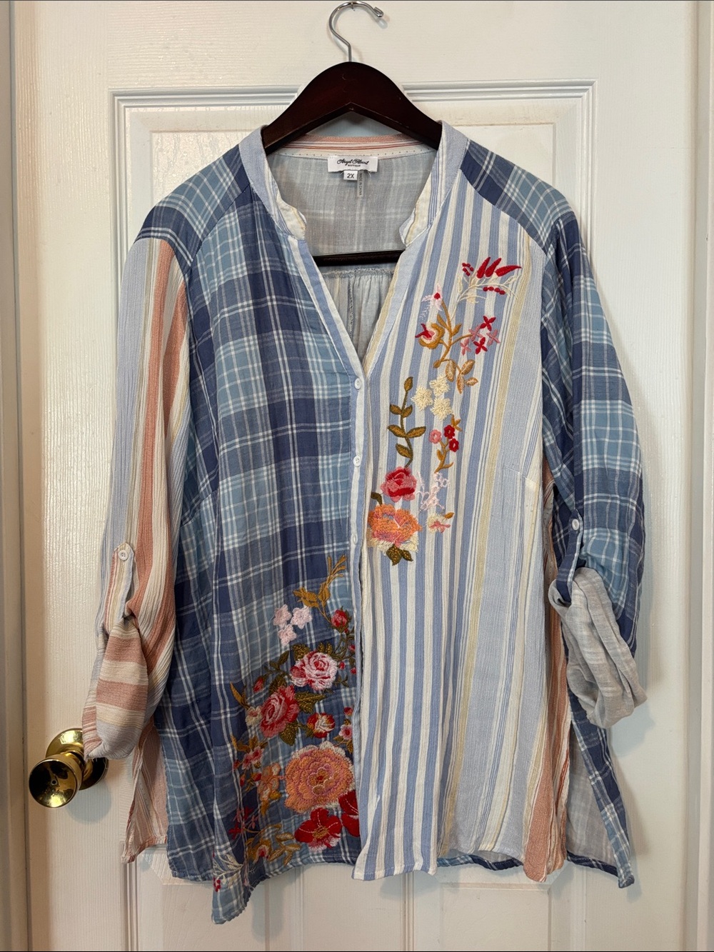 Embroidered Mixed-Stripe Plaid Button-Up Tunic Blue, Cream,Peach. Light and airy